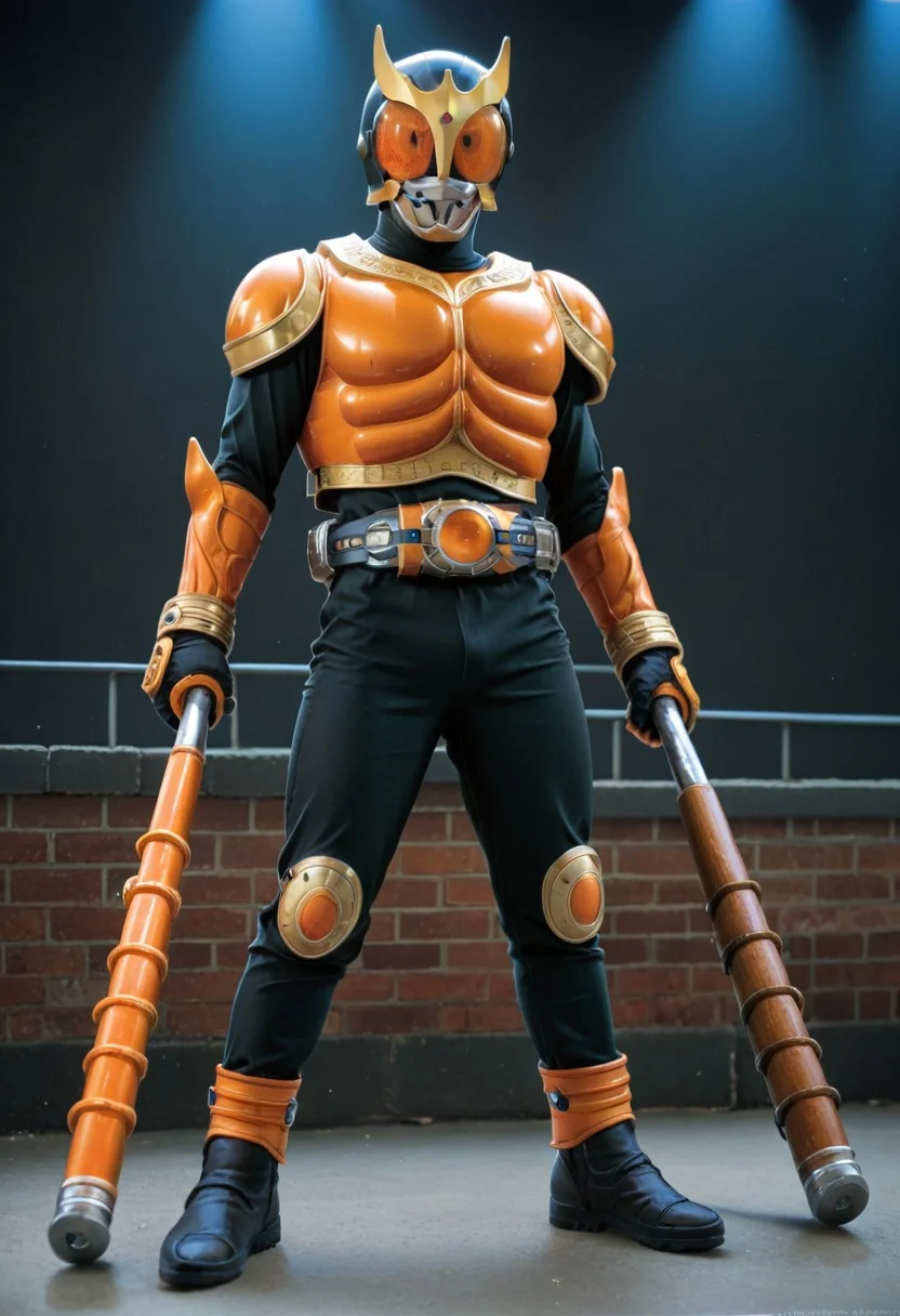 score_9, score_8, score_7, rising, full body, solo, Orange armor, black bodysuit, Orange eyes, club /(weapon/), holding club /(weapon/), helmet, tokusatsu, belt