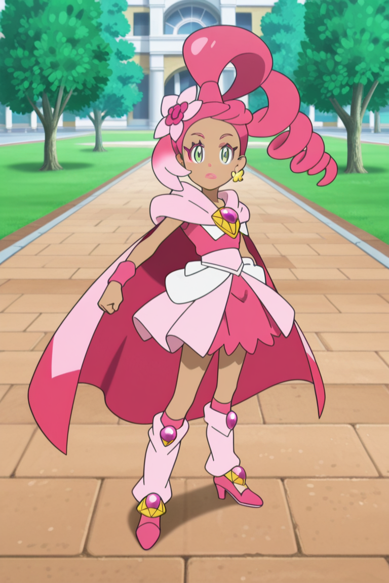 1girl,outdoors, standing, looking at viewer, 
 <lora:mallow_scho_magi_1:1> mag3ca gir7l,
mall7ow_mag3cal,green eyes,dark skin,dark-skinned female, curly pink hair in high ponytail,pink flower hair hornament,yellow earrings,makeup,pink cape, pink dress,pink socks,pink heels,, masterpiece, high quality, absurdres, best quality, very aesthetic, newest,