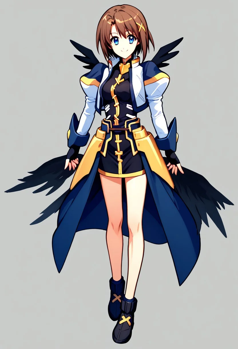 score_9, score_8_up, score_7_up, source_anime, good anatomy, 1girl, solo, HayateYagami, brown hair, short hair, x hair ornament, blue eyes, black dress with gold trim, short dress, fingerless gloves, faulds, puffy sleeves, juliet sleeves, cropped jacket, open jacket, waist cape, white and navy blue jacket, bare legs, standing, smiling, full body