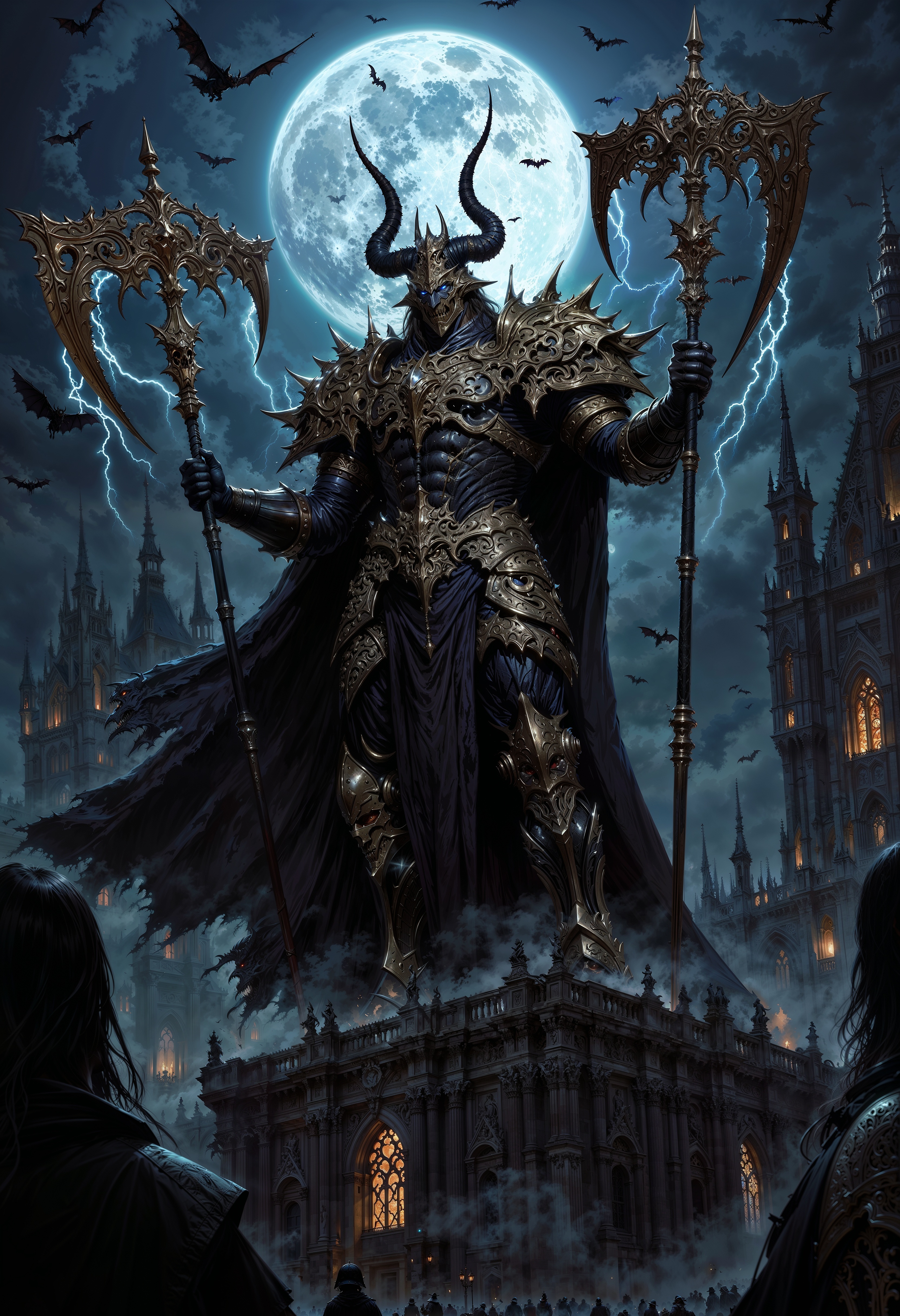 a dark, imposing armored figure standing in a dramatic pose. The character is clad in intricate, dark metallic armor with gold accents, holding two large, glowing scythes with lightning effects. The helmet is adorned with sharp, curved horns, adding to the menacing appearance. The background is a stormy night scene with a full moon illuminating the sky, silhouetted by flying bats and a gothic cityscape. The atmosphere is eerie and mystical, with swirling mist and shadowy figures in the foreground. The overall color palette is dominated by dark blues, grays, and golds, enhancing the ominous and fantastical theme of the artwork.