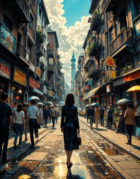 a vibrant, cinematic noon-time cityscape of a busy urban street glistening with recent rain, puddles reflecting colorful signs and blurred silhouettes. the pavement is wet and textured, with scattered reflections of neon, shop windows, and moving traffic. crowds of people move through the scene in motion blur, umbrellas closed and bags in hand, while one sharply focused woman stands still in the foreground—elegant, mid-stride, with long dark hair and a flowing coat, her figure catching the sunlight as it breaks through the overcast sky. the architecture is intricate and layered: wrought-iron balconies, weathered stone facades, streetlights, posters, and tangled wires overhead. the scene is bright, richly colorful, and highly detailed, with sharp reflections on the wet ground, subtle shadows beneath cars and pedestrians, glimmers of lens flare from metal and glass. dynamic composition, ultra-sharp focus on key elements, warm midday light mixed with cool pavement tones, cinematic realism, vibrant contrast, photographic precision, painterly atmosphere. <lora:Artsy_Photo:0.5> Artsy Photo, <lora:Retro_Anime:0.85> retro_anime <lora:Vibrant_Glow_style:0.8> VibrantGlow style., vibrantglow