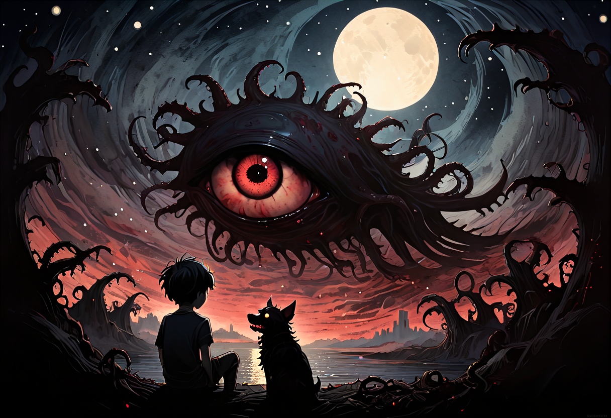 [dark shadowy silhouettes of a boy and his dog watching the moon rise over the horizon:a dark demonic eye with a corona of tentacles around it in the night sky, watching, dark shadowy silhouettes of a boy and his dog :3]  <lora:Poetic_Style:1>