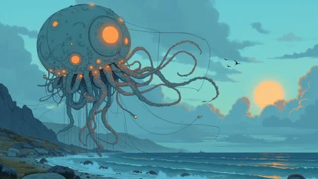 A giant jellyfish s, floating gracefully above an ocean. The jellyfish's tentacles dangle below, casting a soft glow in the twilight sky. The background features a serene ocean with a setting sun. The style is whimsical and ethereal, capturing the enchanting and surreal nature of the jellyfish balloon. <lora:Blue_Future:1>