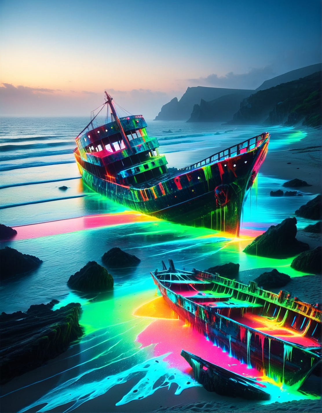 A desolate beach with the remains of a shipwreck covered with multicolor ais-nnsplsh. <lora:ais-nnsplsh-sdxl:1>