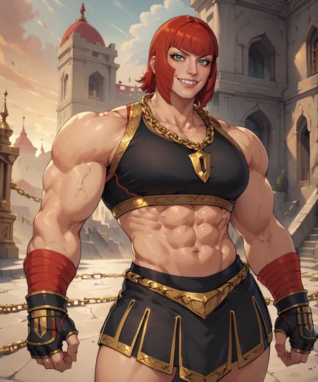 Marisa,blunt bangs,green eyes,evil smile,looking at viewer,muscular,mole under eye,fingerless gloves,black sports bra with gold trim,large chain necklace,
black small skirt with gold trim, standing,
arena,outdoors,<lora:marisa:0.8>,