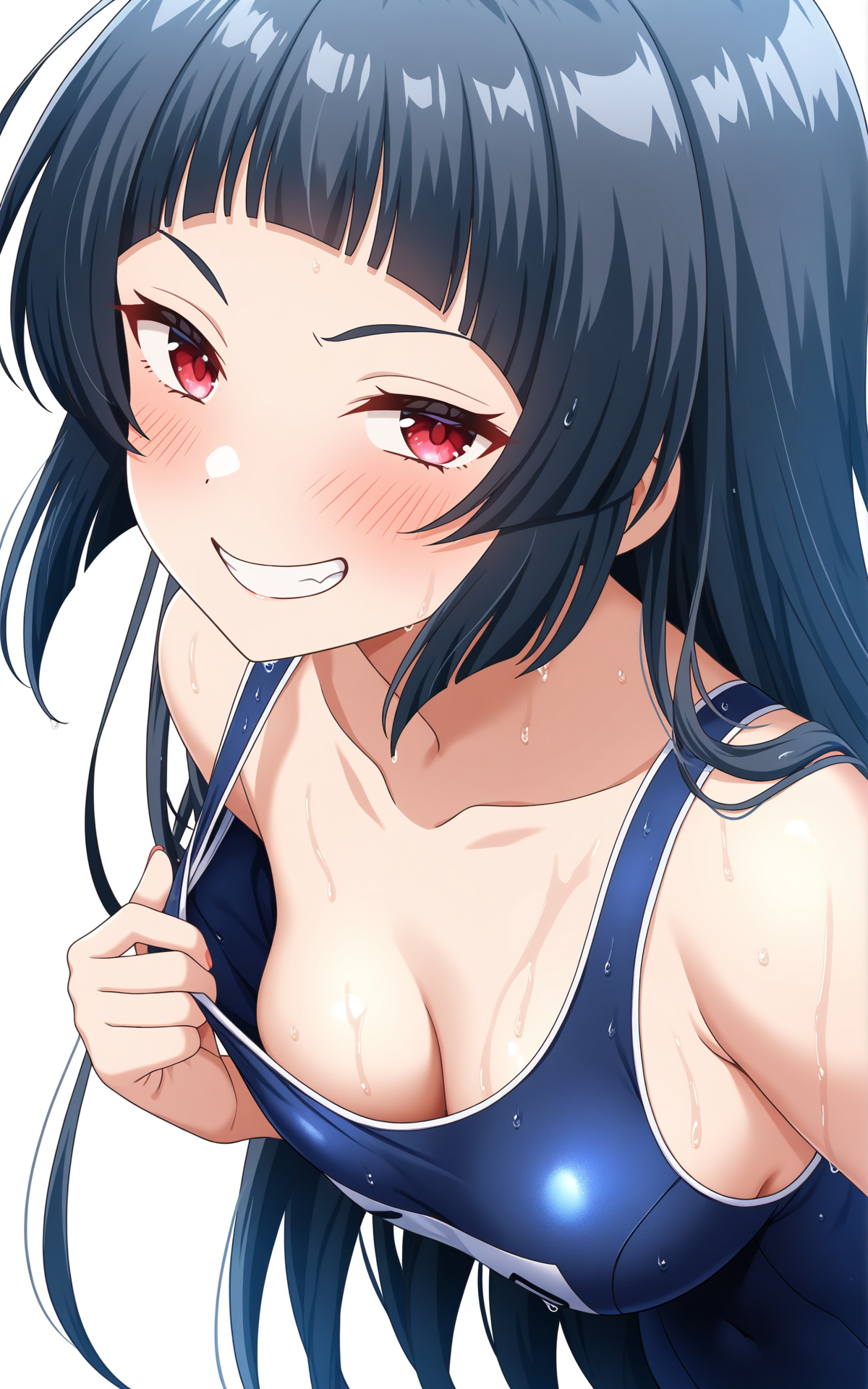 masterpiece, best quality, good quality, newest,4k, perfect lighting, cinematic, very aesthetic, official art, anime screencap, anime coloring,(((white background,simple background))),
1girl,solo,kurokawa nagiko,black hair,long hair,bangs,red eyes,school swimsuit,blue one-piece swimsuit,wet,
naughty face,blush,grin,looking at viewer,leaning forward,clothes pull,downblouse,upper body,BREAK
<lora:ILnagiko:0.8>