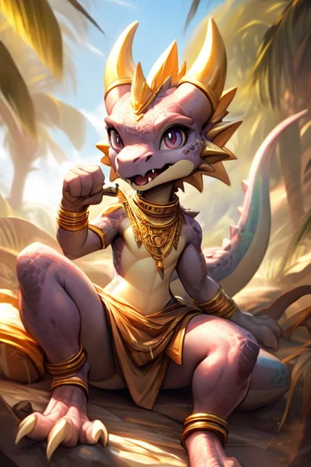 scalie, anthro, ((female)), ((kobold:1.3)), detailed pink scales, detailed scales, intricate scales, ((small breasts)), (nude), (detailed face), (detailed eyes:2), (big eyes:0.5), claws, open mouth, grin, (fangs:1.3),
cute, young, muscular, athletic, elegant, beautiful, claws, (slit pupils), bright eyes, expressive eyes, (chubby:0.5), (plump:0.5), smiling, happy,
lying on beach, pillows, playing, spread legs, raised tail, seen from above, saliva,
(drooling:0.5),
<lora:dragon:0.1>,
<lora:spyro:0.3>,
<lora:FurryCore:1>,
by darkgem, by thesecretcave, by silverfox5213,
(golden bracelet, golden anklet, golden necklace, golden earrings, iridescent gold, collar, golden tiara),
noon, sunlight, on a beach,
(ambient light on the body),
Ray tracing, concept art, highly detailed, (hi res), ((masterpiece)), ((best quality)) cinematic composition, ultra realistic, 4k, (high detail:1.3), sharp focus