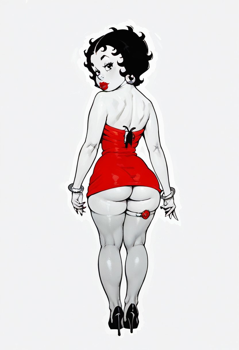 score_9, score_8_up, score_7_up, 1girl,  narrow waist, seductive expression, thick lips, athletic, toned thighs,  arched back,  dark eyes, from behind, ass,
/, monochrome background, thigh gap, 
/, standing, in city, 
/, BettyB00p, Red Dress, fishnets, high heels, curly hair, jewellery,