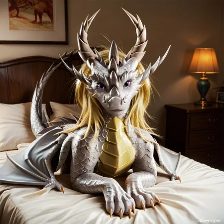 core_9, score_8_up, score_7_up, score_6_up, masterpiece, high quality, realistic, detailed, best quality, solo, rating_safe, source_furry, bedroom, smiling, seductive, looking at viewer, on bed, negative_hand, full body, feral, azaries_amnera, dragon, blonde hair, purple eyes, gray scales, wings, horns, tail, claws, female, 1girl