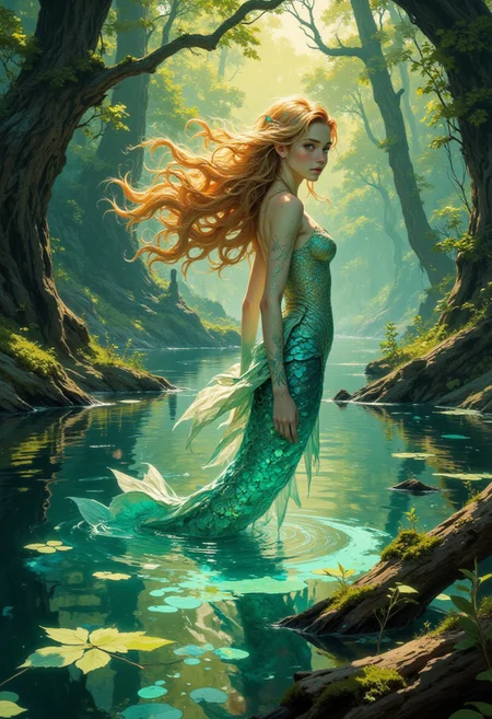 Enchanting fantasy illustration: A mystical young mermaid in a luminous forest lake, blending magical realism with ethereal natural beauty. Delicate underwater scene featuring:
Mermaid Details:
Iridescent turquoise tail with pearl-like shimmer
Flowing, sunlight-kissed golden hair with intricate wave patterns
Delicate, translucent skin with soft bioluminescent undertones
Graceful, elegant posture emerging from crystal-clear water
Environment:
Ancient forest lake with mirror-like water surface
Dappled emerald green sunlight filtering through dense canopy
Soft, rippling water reflections
Moss-covered stones and fallen logs
Subtle underwater botanical details
Atmospheric Elements:
Soft, diffused golden-hour lighting
Gentle water movement
Magical, dream-like color palette
Ethereal bokeh light effects
Delicate botanical shadows
Technical Specifications:
Photorealistic digital painting
Intricate light and water refraction
Volumetric lighting
Detailed texture mapping
Cinematic depth of field
Soft, painterly rendering
Artistic Style:
Magical realism
Fantasy illustration
Delicate, naturalistic approach
Subtle mythological undertones