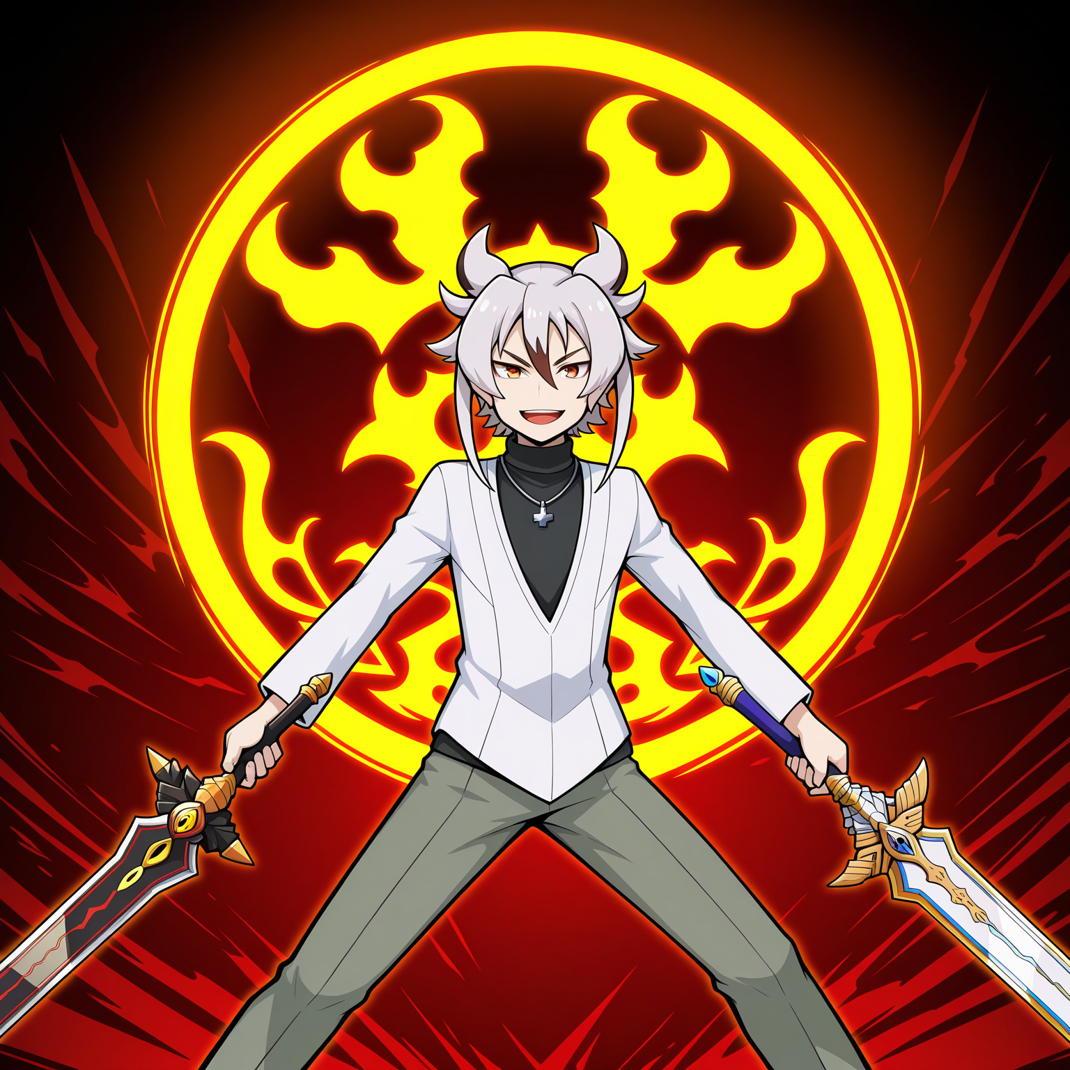 masterpiece,best quality,amazing quality BREAK kyoya gaen,1boy,weapon,dual wielding,sword,deity sword of creations aqulta gwaneff,demonic demise sword aqulta gwaneff,male focus,holding,solo,open mouth,jewelry,holding weapon,holding sword,looking at viewer,dragon zwei\(flag\),necklace,smile,white v-neck shirt,black turtleneck,pants,grey pants,fighting stance,white shirt,cross necklace,<lora:Kyoya_Gaen_V2-3>,
