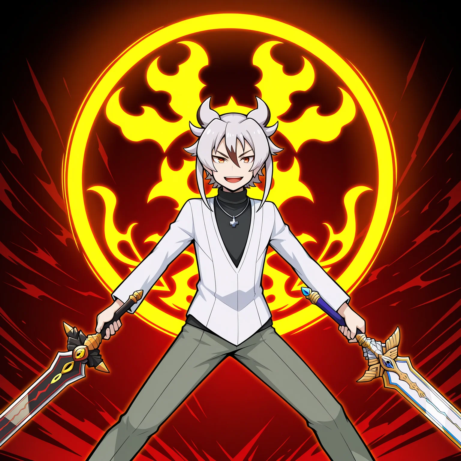 masterpiece,best quality,amazing quality BREAK kyoya gaen,1boy,weapon,dual wielding,sword,deity sword of creations aqulta gwaneff,demonic demise sword aqulta gwaneff,male focus,holding,solo,open mouth,jewelry,holding weapon,holding sword,looking at viewer,dragon zwei\(flag\),necklace,smile,white v-neck shirt,black turtleneck,pants,grey pants,fighting stance,white shirt,cross necklace,<lora:Kyoya_Gaen_V2-3>,