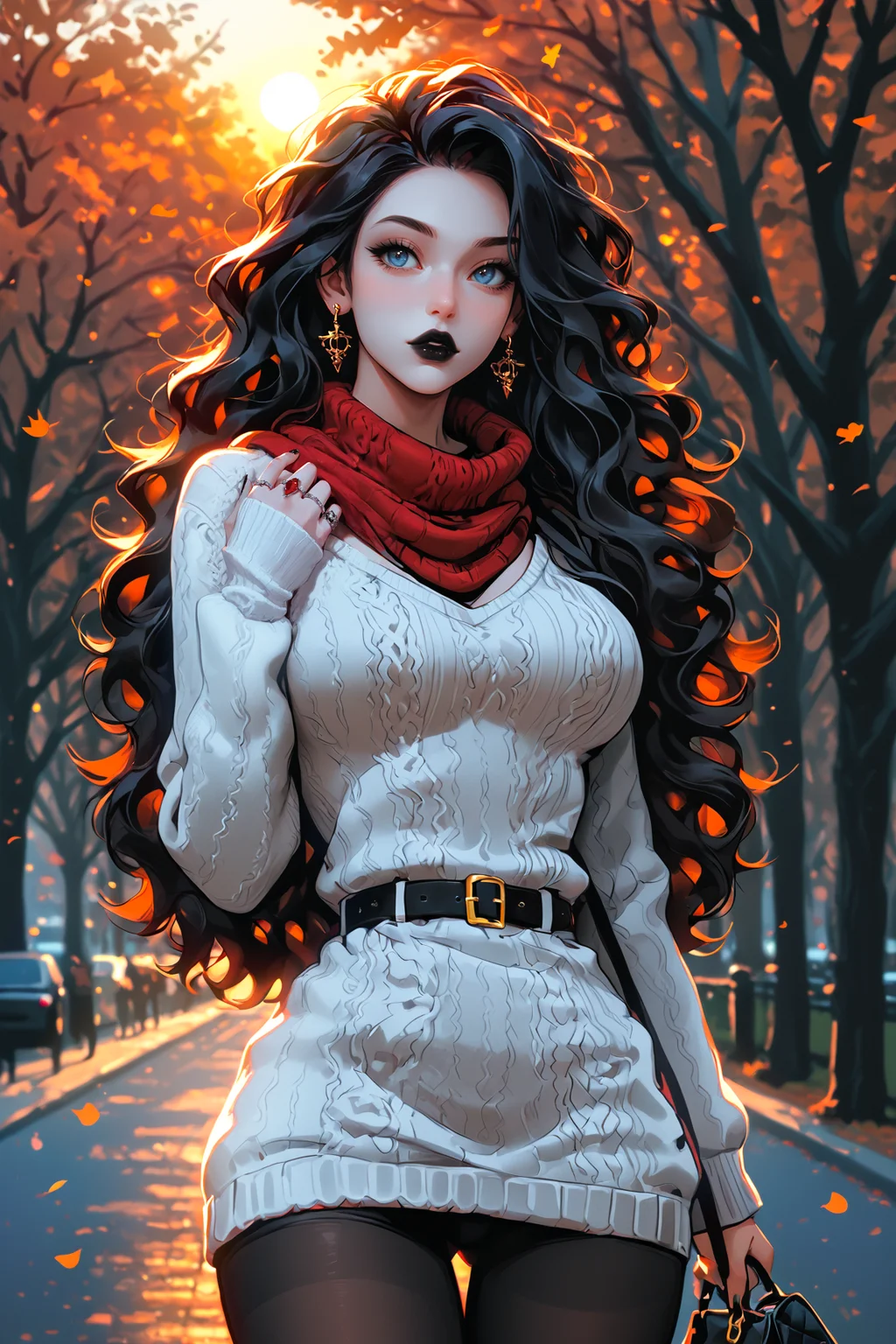 1girl, low-angle, allure goth girl, posing, holding a handbag, cozy autumn park, Amsterdam, crowded park, people on the background, lush trees, autumn leaves, golden sun, wind, windy, loose hair strand, hair on the wind, golden hour, evening, light particles, sunbeam, bokeh, blurry background, edge light, rim light, <lora:gg3:0.5> <lora:g0th1cPXL:0.25> <lora:Meticulous:1.0> <lora:xl_more_art-full_v1:0.5>
BREAK
long black wavy hair, crystal blue eyes, full black lips, black lipstick, black makeup, smokey_eyes
BREAK
white sweater dress, wide white belt, golden buckle, sweater, tight leggings, curvy body, big red scarf, big breasts, narrow waist, wide hips, curvy
BREAK
pale skin, white skin, hand to chest, colorful, bloom, score_9, score_8_up, score_7_up