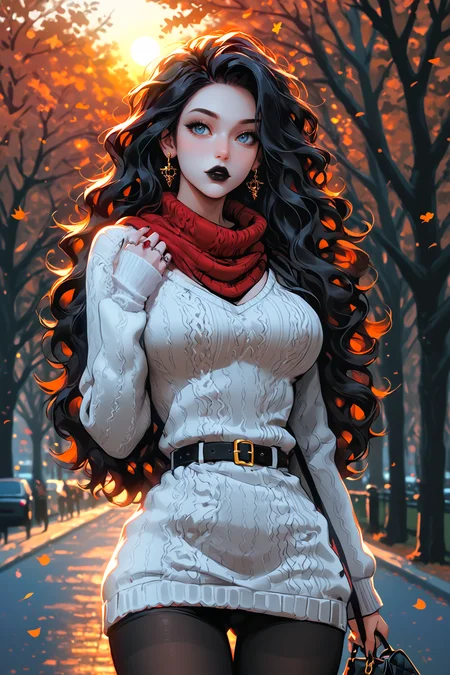 1girl, low-angle, allure goth girl, posing, holding a handbag, cozy autumn park, Amsterdam, crowded park, people on the background, lush trees, autumn leaves, golden sun, wind, windy, loose hair strand, hair on the wind, golden hour, evening, light particles, sunbeam, bokeh, blurry background, edge light, rim light, <lora:gg3:0.5> <lora:g0th1cPXL:0.25> <lora:Meticulous:1.0> <lora:xl_more_art-full_v1:0.5>
BREAK
long black wavy hair, crystal blue eyes, full black lips, black lipstick, black makeup, smokey_eyes
BREAK
white sweater dress, wide white belt, golden buckle, sweater, tight leggings, curvy body, big red scarf, big breasts, narrow waist, wide hips, curvy
BREAK
pale skin, white skin, hand to chest, colorful, bloom, score_9, score_8_up, score_7_up