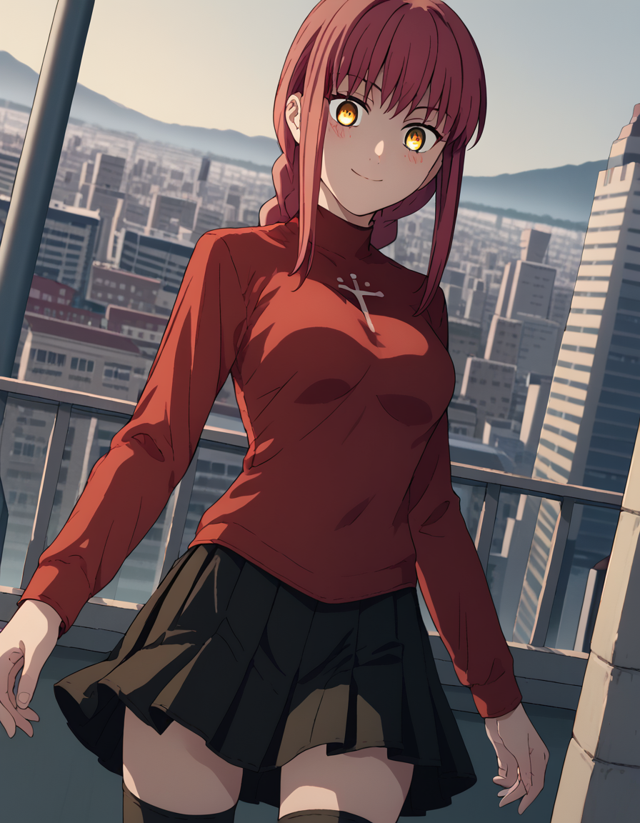 score_9, score_8_up, score_7_up, source_anime, makima, <lora:chainsaw-man-makima-s1-ponyxl-lora-nochekaiser:1> makima, long hair, smile, bangs, yellow eyes, braid, red hair, braided ponytail, ringed eyes, medium breasts,, <lora:rin-tohsaka-cosplay-ponyxl-lora-nochekaiser:1>, rintohsakacosplay, tohsaka rin \(cosplay\), black skirt, black thighhighs, long sleeves, miniskirt, pleated skirt, red sweater, skirt, sweater, thighhighs, turtleneck,, cityscape, street, smile, blush,, cowboy shot, dutch angle, solo,