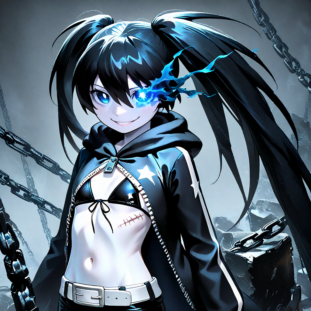 masterpiece,best quality,1girl,upper body,smiling,very confident,solo,black rock shooter,long hair,black hair,chain,shorts,blue eyes,twintails,midriff,black shorts,navel,scar,swimsuit,flaming eye,pale skin,weapon,belt,bikini,bikini top only,short shorts,coat,
<lora:Summary_Cat girl-00002:2>,