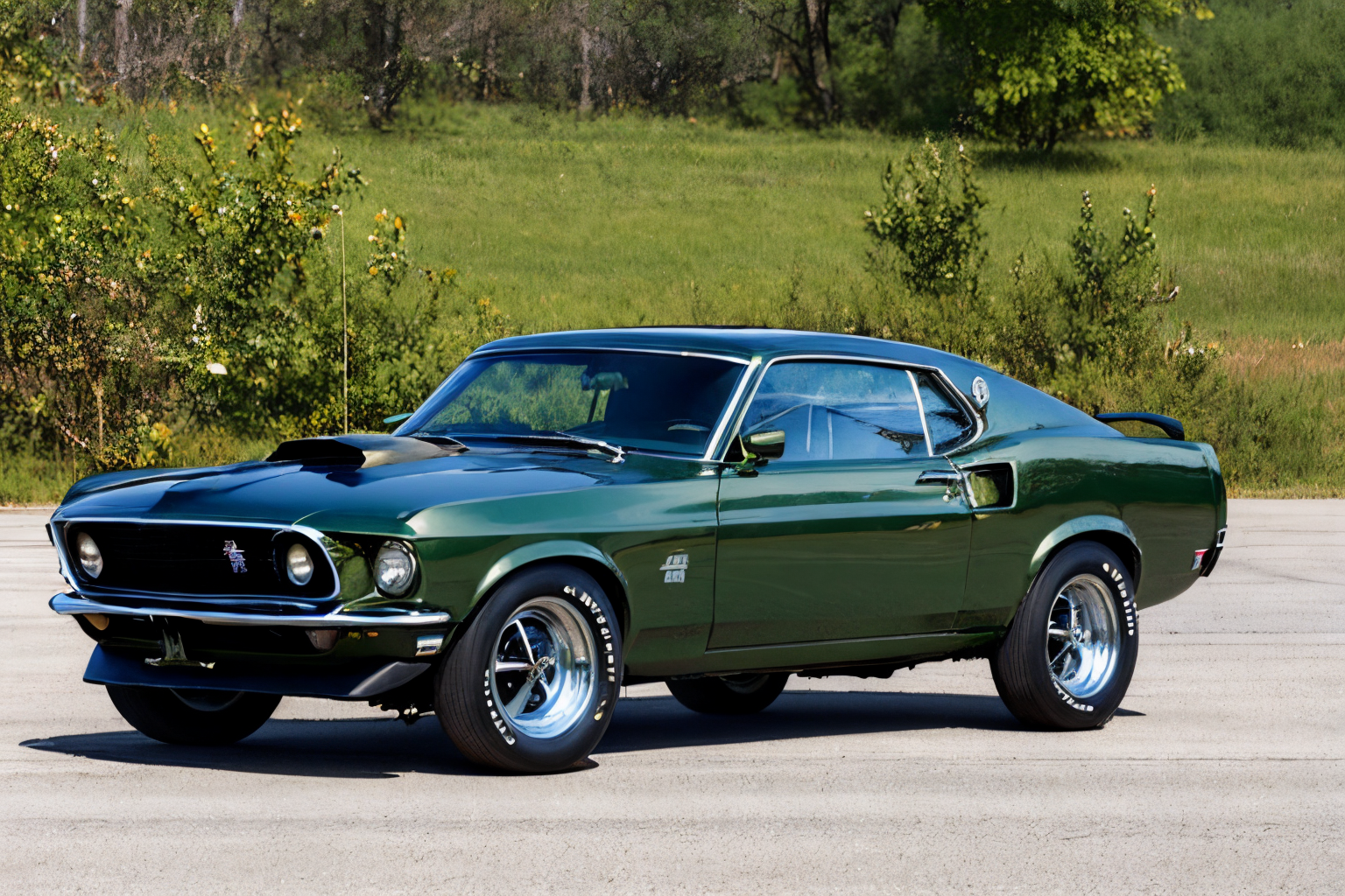 (masterpiece, best quality:1.2), ultra-detailed, Jungle green car Edob69MustangBoss, (realistic:1.5), <lora:Edob69MustangBoss_v1.0:1>