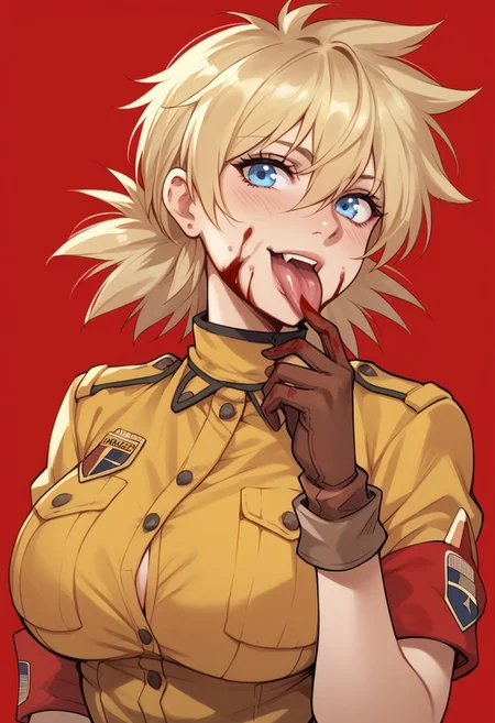 score_9, score_8_up, score_7_up, ultra quality, 1girl, Serasxl, blonde hair, messy hair, blue eyes, yellow jacket, military uniform, upper body, looking at viewer, big breasts, unbuttoned, brown gloves, fingers to mouth, long tongue, blood, blood on face, armband, red background