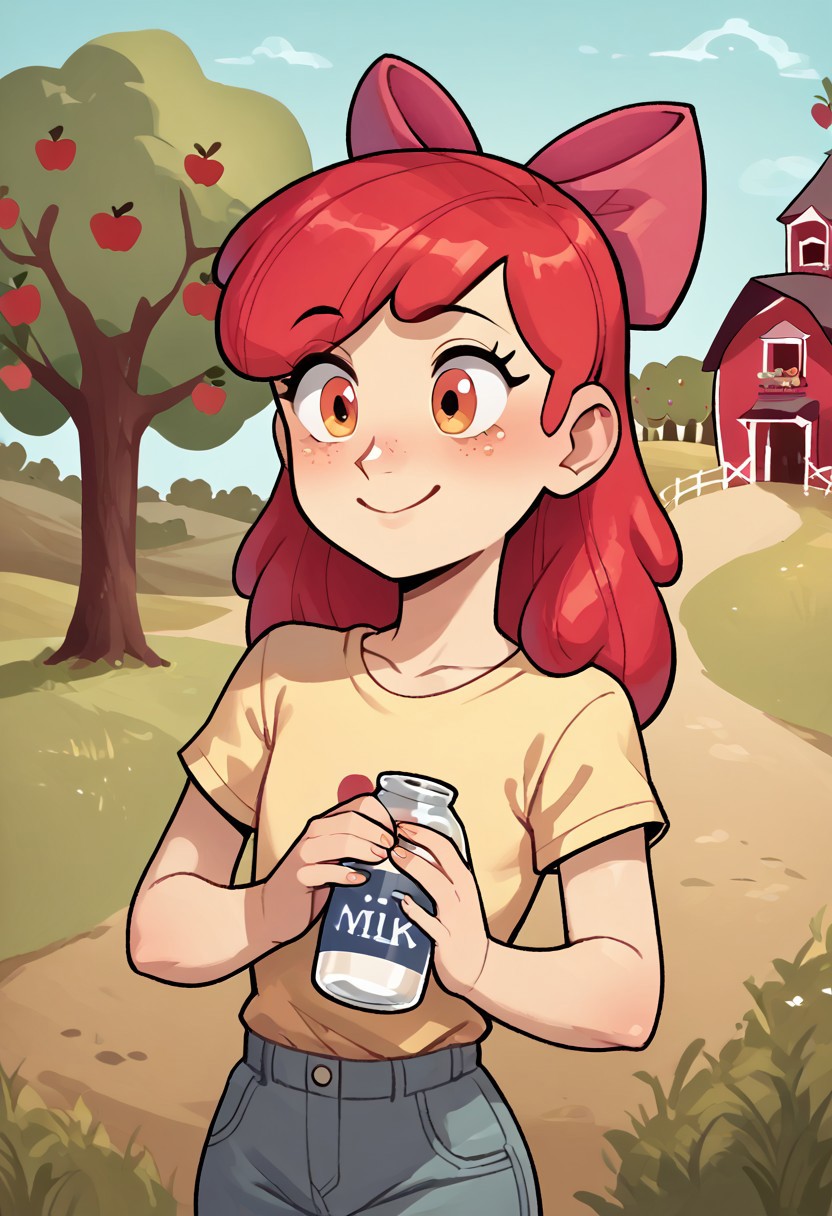 score_9, score_8_up, score_7_up, score_6_up, score_5_up, score_4_up, source_cartoon, flat colors, human apple bloom, cute, petite, cutest girl in the world, holding a bottle of milk, outdoors, Sweet Apple Acres,