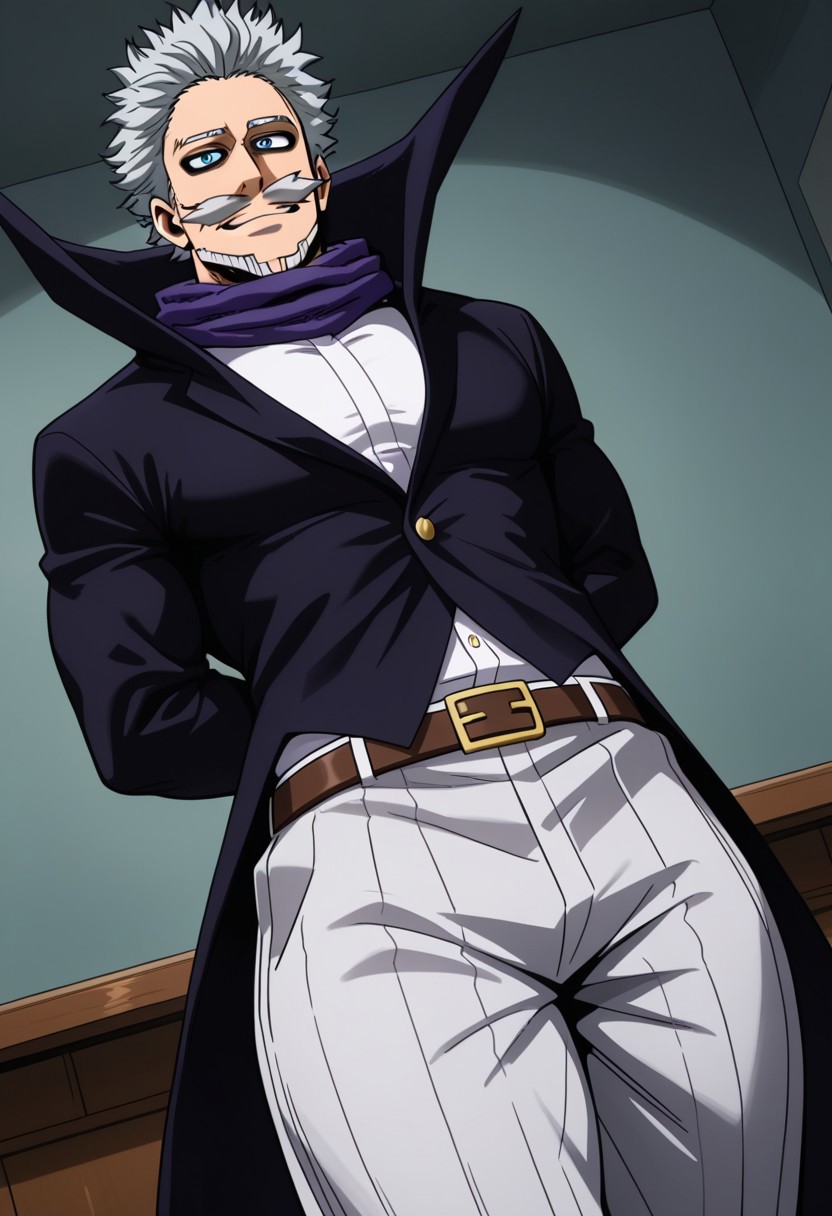 high quality, detailed, GentleCriminal, male, solo male, human, broad shoulders, mature male, blue eyes, muscular male, athletic build, short gray hair, goatee, big mustache, beard, facial hair, smiling, scruffy, formal, gentleman, white shirt, black jacket, purple scarf, white pants, half body, hands behind back, cowboy shot, dutch angle, wide hips, thick thighs, pecs, my hero academia