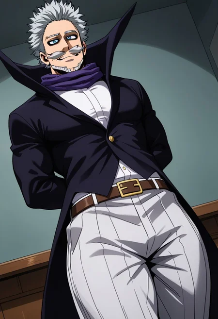 high quality, detailed, GentleCriminal, male, solo male, human, broad shoulders, mature male, blue eyes, muscular male, athletic build, short gray hair, goatee, big mustache, beard, facial hair, smiling, scruffy, formal, gentleman, white shirt, black jacket, purple scarf, white pants, half body, hands behind back, cowboy shot, dutch angle, wide hips, thick thighs, pecs, my hero academia