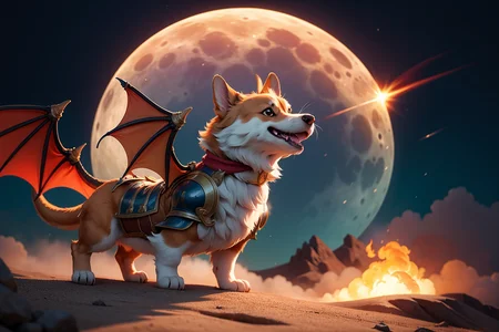 corgi in shinning armor fighting a fire breathing dragon, smoke and cloud in the background, moon in the background
