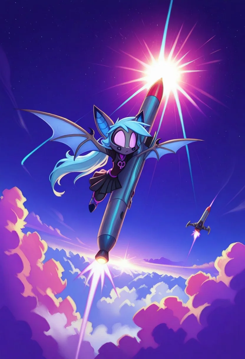 Dreamkeepers,1girl,Prelude_Vanth,solo,furry,source_furry,blue hair,wings,furry,bat wings,
solo, 1girl, child,
(masterpiece), best quality, ultra-detailed,24K, illustration, (Uncorrected), CG,
b0mb, Itanocircus, riding bomb, missile. Multiple missile to girl,
(Girl, floating, ultra-long hair, ultra-detailed eyes:1.2),
wrearing, khaki battle dress, Headgear, black gloves, black skirt, holding weapon, guns,
(floating, flying, Multiple missile, aerial battle, afterburner, glowing, lens flare, motion blur, above clouds, red cloud, sky, night:),