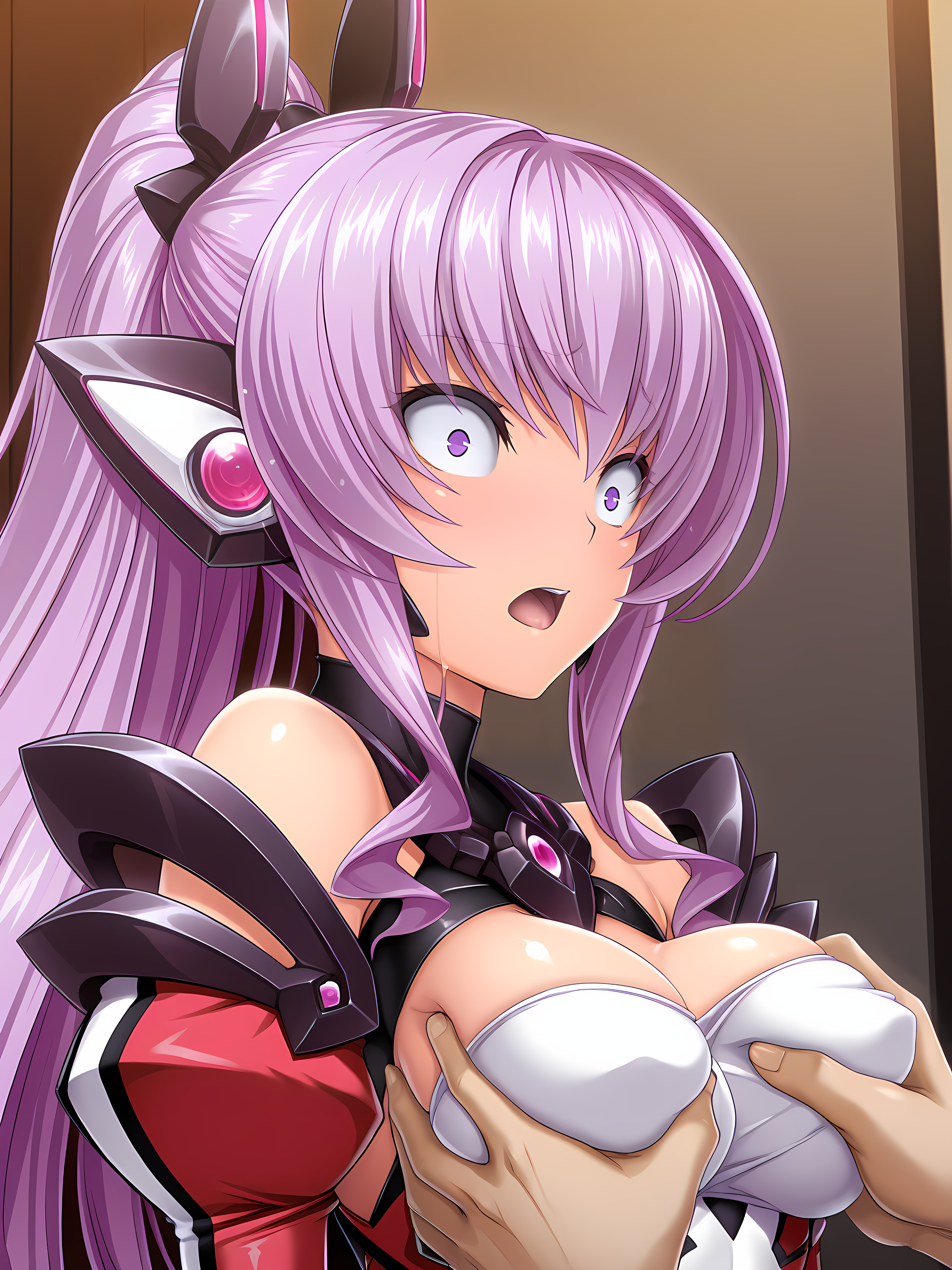<lora:Ries_v2>,lux,indoors,inoino,wide-eyed,large breasts,exstia outfit,groping,rubbing,grabbing another's breast,chikan,looking back,, masterpiece,best quality,amazing quality,