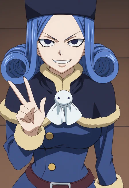 score_9, score_8_up, score_7_up, anime screencap, BREAK, 1girl, (solo:1.2), <lora:DX888Juvia:1>, juvia lockser, blue hair, curly hair, blue eyes, short hair, hat, dress, belt, capelet, fur trim, teruterubouzu, , BREAK naughty face, female pervert, in heat, aroused smile, pervy gin , lowered eyelids, v-shaped eyebrows, torogao, frenzy, upper body, from above, v pose
