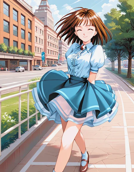 score_9, score_8_up, score_7_up, source_anime, masterpiece, high quality, 1girl,
<lora:ShirakawaReiko_Pony_v01:1> shirakawareiko, brown hair, brown eyes, shirt, puffy sleeves, brooch, skirt, shoes, city, happy, closed eyes, smile, closed mouth, wind, trees