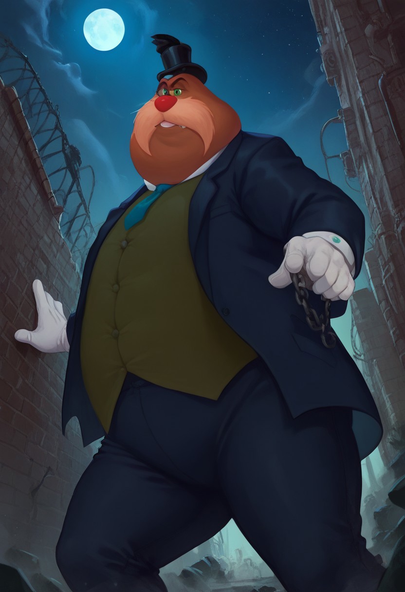 score_9, score_8_up, score_7_up, nsfw, curvy, furry male, 1girl, Rotor the walrus, green eyes, helmet, fangs, furry,  furry anthro, alley, dutch angle, posing, from below, clothed, (((dutch angle, posing, from below))), walrus, fat, overweight, walrus tusks, squinting eyes, smile, solo, 1boy, male focus, <lora:pony_monocles-step00000800:1>,(monocle),round eyewear, top hat,, suit, gloves, furry male, mustache, necktie, a robber-baron wearing a monocle on a chain on his left eye, top hat, white shirt, black vest from 1900 holding a pocketwatch, standing
BREAK
city, ruins, back alley, outside, night, moon, stars, ambient light,