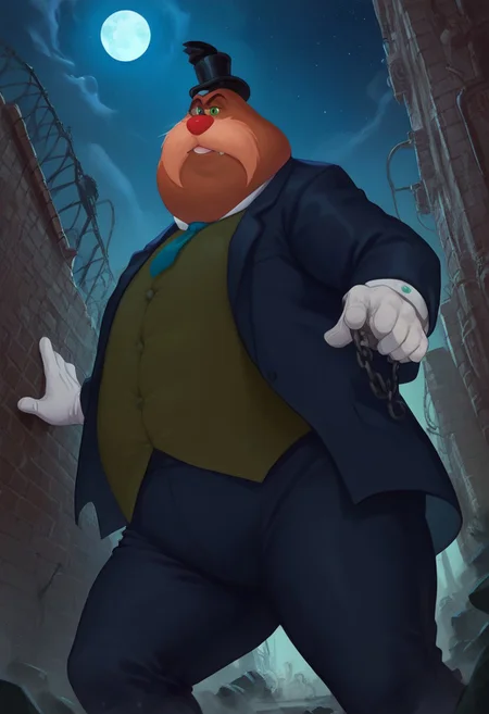 score_9, score_8_up, score_7_up, nsfw, curvy, furry male, 1girl, Rotor the walrus, green eyes, helmet, fangs, furry,  furry anthro, alley, dutch angle, posing, from below, clothed, (((dutch angle, posing, from below))), walrus, fat, overweight, walrus tusks, squinting eyes, smile, solo, 1boy, male focus, <lora:pony_monocles-step00000800:1>,(monocle),round eyewear, top hat,, suit, gloves, furry male, mustache, necktie, a robber-baron wearing a monocle on a chain on his left eye, top hat, white shirt, black vest from 1900 holding a pocketwatch, standing
BREAK
city, ruins, back alley, outside, night, moon, stars, ambient light,