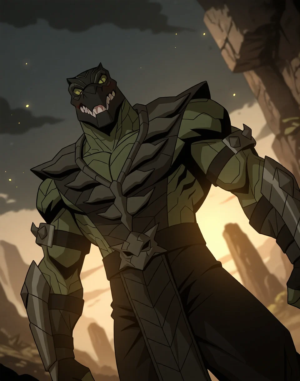 <lora:Reptile_(Mortal_Kombat_Legends_Scorpion's_Revenge)_(Illustrious)_(AD):1> Reptile_MK, muscular, Mortal Kombat, 
dutch angle, exterior, monumental architecture, wasteland, dark night sky with black clouds, mountains, ancient Asian stone ruins, 
male focus, gradient coloring, villain, cowboy shot, white teeth, 
BREAK very awe, aesthetically pleasing, masterpiece, best quality, amazing quality, very aesthetic, perfect depth of field shot, in'ei, source_furry, furry_art, 
Smooth Quality, lazympos, IllustQualXL_Pos,