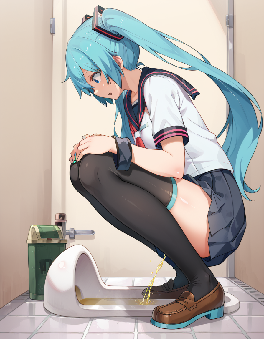 score_9, score_8_up, score_7_up, source_anime,  BREAK , 1girl, 
hatsune miku, 
<lora:jp1wcV1-000036:1>jp1wc, 1girl, solo, school uniform, thighhighs, skirt, serafuku, toilet,  squatting, toilet use, pee, shoes, peeing, brown footwear, loafers, pleated skirt, black thighhighs, (from side:1.2), toilet paper, blue skirt, white shirt, shirt, sailor collar, toilet stall, indoors, restroom, tiles, looking down, bathroom, black skirt,  blue sailor collar, full body, hands on own knees