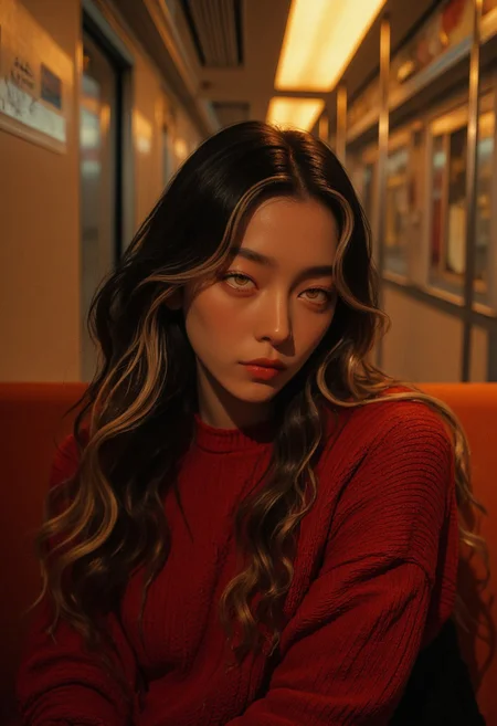 vantablack, bailing_fire, A breathtaking cinematic portrait of a youthful and elegant woman seated gracefully in a modern subway car. Her long, flowing hair cascades in soft waves, transitioning from a rich black base to luminous platinum blonde at the tips, catching the subtle interplay of light. She wears a snug, chic red sweater, its texture rich and cozy, complementing her delicate features and adding warmth to the scene. Her youthful face glows with smooth, radiant skin, sparkling eyes full of curiosity, and a serene, captivating smile that exudes confidence and charm. The warm, ambient lighting enhances the soft tones of her complexion, contrasting beautifully with the sleek metallic walls and vibrant orange seats of the subway car. The blurred background creates a dreamy, aesthetic atmosphere, while intricate details in her hair, attire, and posture evoke a sense of refined beauty and modern sophistication.