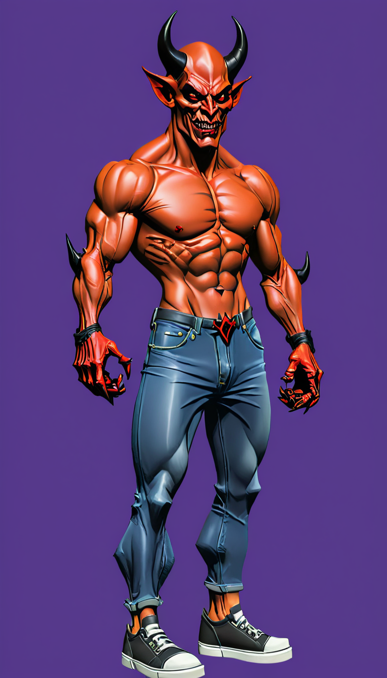 <lora:Everly_Heights_Character_Maker:1> The 90s slacker Devil with black horns muscular physique and wearing jeans and sneakers