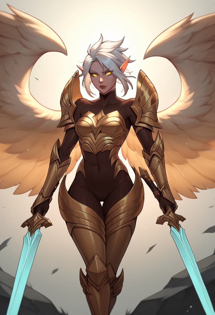 score_9, score_8_up, score_7_up, score_6_up, k4yle, kayle, 1girl, yellow eyes, long hair, pointy ears, white hair, wings, multiple wings, feathered wings, bodysuit, armor, breastplate, shoulder armor, gauntlets, <lora:Kayle_Default_v2:0.7>, sword, holding weapon, holding sword, dual wielding