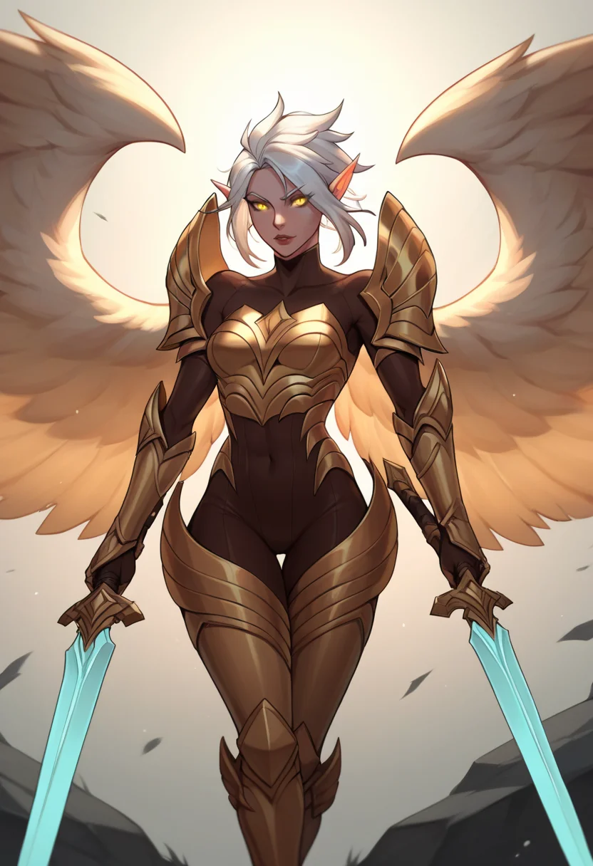 score_9, score_8_up, score_7_up, score_6_up, k4yle, kayle, 1girl, yellow eyes, long hair, pointy ears, white hair, wings, multiple wings, feathered wings, bodysuit, armor, breastplate, shoulder armor, gauntlets, <lora:Kayle_Default_v2:0.7>, sword, holding weapon, holding sword, dual wielding