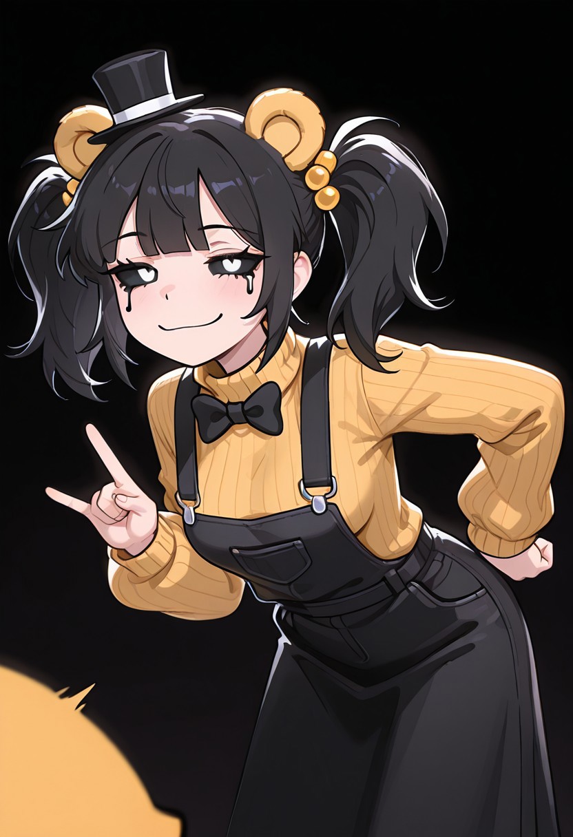 masterpiece, best quality, amazing quality, very aesthetic, absurdres, newest, detailed background, foreground blur, (( cartoon,  )),
cassidyfnaf, 1girl, twintails, black hair, hair ornament, long sleeves, yellow sweater, hair bobbles, turtleneck sweater, black overalls dress, medium breasts, 
black background, black tears, black sclera, smile, smug, half closed eyes, gesture, leaning forward, yellow bear ears, mini top hat, black top hate, black bowtie,