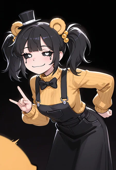 masterpiece, best quality, amazing quality, very aesthetic, absurdres, newest, detailed background, foreground blur, (( cartoon,  )),
cassidyfnaf, 1girl, twintails, black hair, hair ornament, long sleeves, yellow sweater, hair bobbles, turtleneck sweater, black overalls dress, medium breasts, 
black background, black tears, black sclera, smile, smug, half closed eyes, gesture, leaning forward, yellow bear ears, mini top hat, black top hate, black bowtie,
