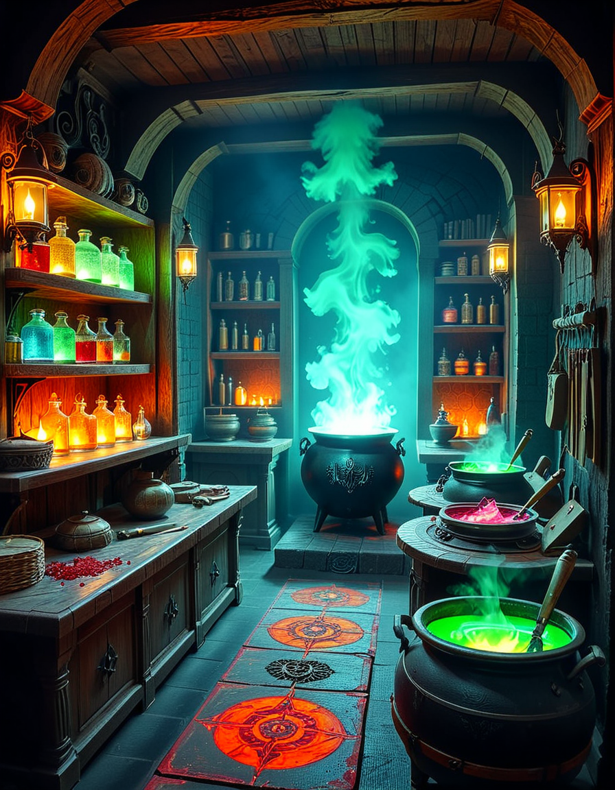 Hidden deep within the necromancerâs infernal domain lies a nightmarish kitchen, a grotesque fusion of alchemical laboratory and sacrificial chamber. The walls are carved from blackened bone and obsidian, pulsating faintly with necrotic energy. Faint green flames flicker in sconces made from twisted skeletal hands, casting eerie shadows across the macabre workspace. The air is thick with the scent of decay, ash, and something far worseâan indescribable aroma of corruption and dark magic.
At the center, a massive butcherâs table, scarred and stained with centuries of dried blood, serves as the primary workstation. Rusted, jagged knives, bone saws, and crude flesh-carving tools hang from hooks, their edges glistening with fresh remnants of something recently prepared. Nearby, grotesque cauldrons bubble with viscous, unnatural liquidsâblack ichor, boiling crimson blood, and glowing green elixirs swirl together, each concoction releasing haunting whispers as if infused with trapped souls.
Suspended from the ceiling, enormous iron hooks hold skinned carcassesâsome humanoid, others unrecognizable abominations stitched together from various creatures. Skeletal constructs, animated by unseen forces, mindlessly tend to the kitchen, stirring bubbling cauldrons and grinding unknown ingredients into fine powders using ancient, rune-etched mortars and pestles.
Along the walls, towering shelves hold disturbing "ingredients" sealed in glass jars: floating, disembodied eyes that track movement, severed hands that twitch sporadically, and writhing black worms that exude a thick, putrid slime. Bundles of dried, withered herbsâsome glowing faintly with infernal energyâhang from the rafters, alongside strips of preserved flesh, their origins best left unspoken.
In one corner, a massive, rune-inscribed oven burns with an unnatural, ghostly blue flame. The heat does not come from firewood but from the tormented souls bound within, their agonized wails fueling its endless infernal blaze. A massive iron cauldron sits atop a cracked stone hearth, where a thick, bubbling stew churnsâits surface occasionally breaking as something beneath struggles, clawing weakly before sinking back into the depths.
This is not a place for feastingâit is a workshop of the grotesque, where ingredients are harvested, flesh is repurposed, and the very essence of undeath is distilled into unholy nourishment. No living creature eats hereâonly the dead, the damned, and the things that should not be.
Style & Mood :
- Dark fantasy, gothic horror, necromantic aesthetics
- Cinematic, high-detail, eerie lighting
- Infernal atmosphere, filled with shadows, glowing green and crimson energy, and grotesque details
- Inspired by the works of ZdzisÅaw BeksiÅski, H.R. Giger, and dark medieval sorcery
<lora:SDXLFaeTastic2400:0.4> <lora:extremely_detailed:0.4> extremely detailed, <lora:mysterious_4lch3my_sh0p:1> mysterious 4lch3my sh0p <lora:nightmarish_k1tch3n:1>,nightmarish k1tch3n, Masterpiece,best quality,hi res,8k,hi res,8k,award winning,(sharp focus, intricate, highly detailed),