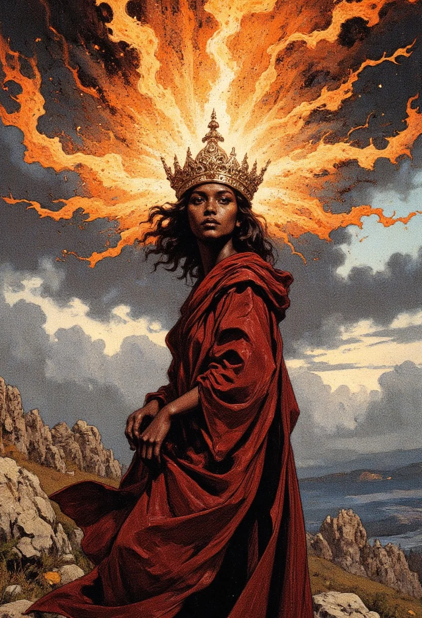 This is a digital illustration in a surreal painterly style. The central figure is a woman with a large, highly intricate, fiery crown that extends flames and fire into the sky. Her facial features are not visible as her face is completely silhouetted in black. She wears an intricate flowing, deep red robe. The background features rugged, rocky terrain and a cloudy, ominous sky, enhancing the dramatic and mystical atmosphere. The lighting is mostly natural, highlighting the contrast between her dark skin and the fiery crown. The camera angle is a low, slightly tilted shot, emphasizing her regal and enigmatic presence.