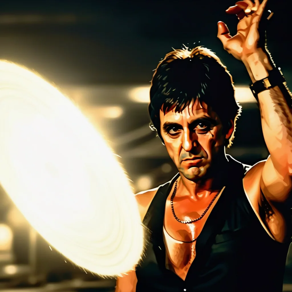 Ultra-realistic extremely detailed real life 8k masterpiece of a man 80s scarface arms raised up holding a giant sharp ((destructo disk)) in palm over head in a battle at night, dragonball action, extremely detailed facial features, dark scary epic lighting, horror composition <lora:destructo disk:0.6> <lora:80s scarface:0.7>
