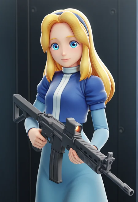 masterpiece, best quality, amazing quality, highres, absurdres, intricate detail, 3d, 1girl, solo, sxsgmaria_robotnik, long hair, blonde hair, blue hairband, blue eyes, blue dress, puffy sleeves, medium skirt, metal room, holding_gun, assault_rifle, happy,