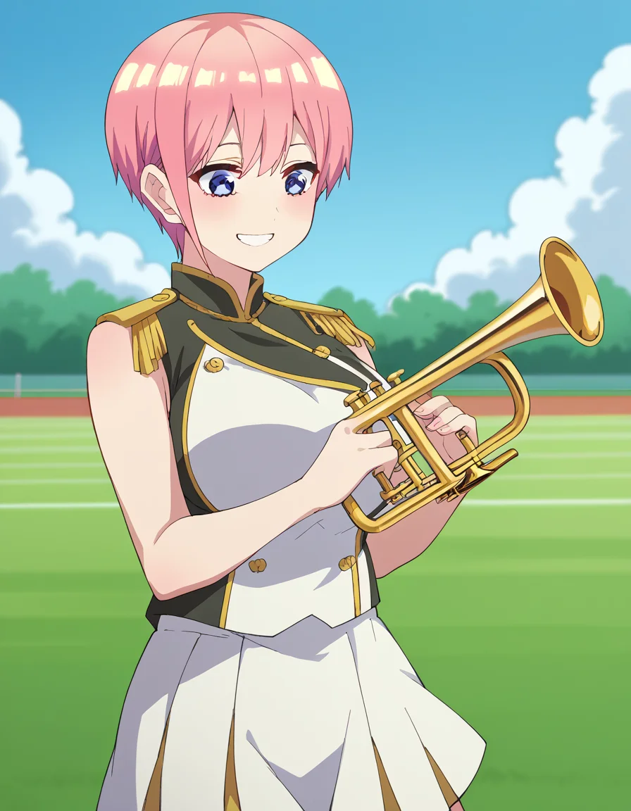 score_9, score_8_up, score_7_up, source_anime, <lora:ichika-nakano-s2-ponyxl-lora-nochekaiser:1>, ichika nakano, short hair, bangs, blue eyes, hair between eyes, pink hair, pixie cut, large breasts, <lora:band-uniform-ponyxl-lora-nochekaiser:1> band uniform, marching band, shako cap, trumpet, epaulettes, instrument, sleeveless, skirt, white skirt, miniskirt, playing instrument, track and field, blush, smile,, cowboy shot,
