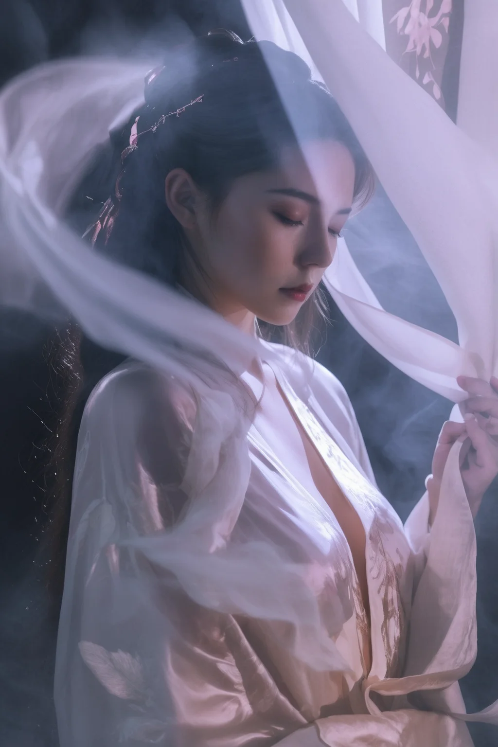 Volumetric Lighting, Double Exposure Style, a girl with Satin slip dress, double image ghost effect, image combination, double exposure style, light depth, dramatic atmospheric lighting, Volumetric Lighting