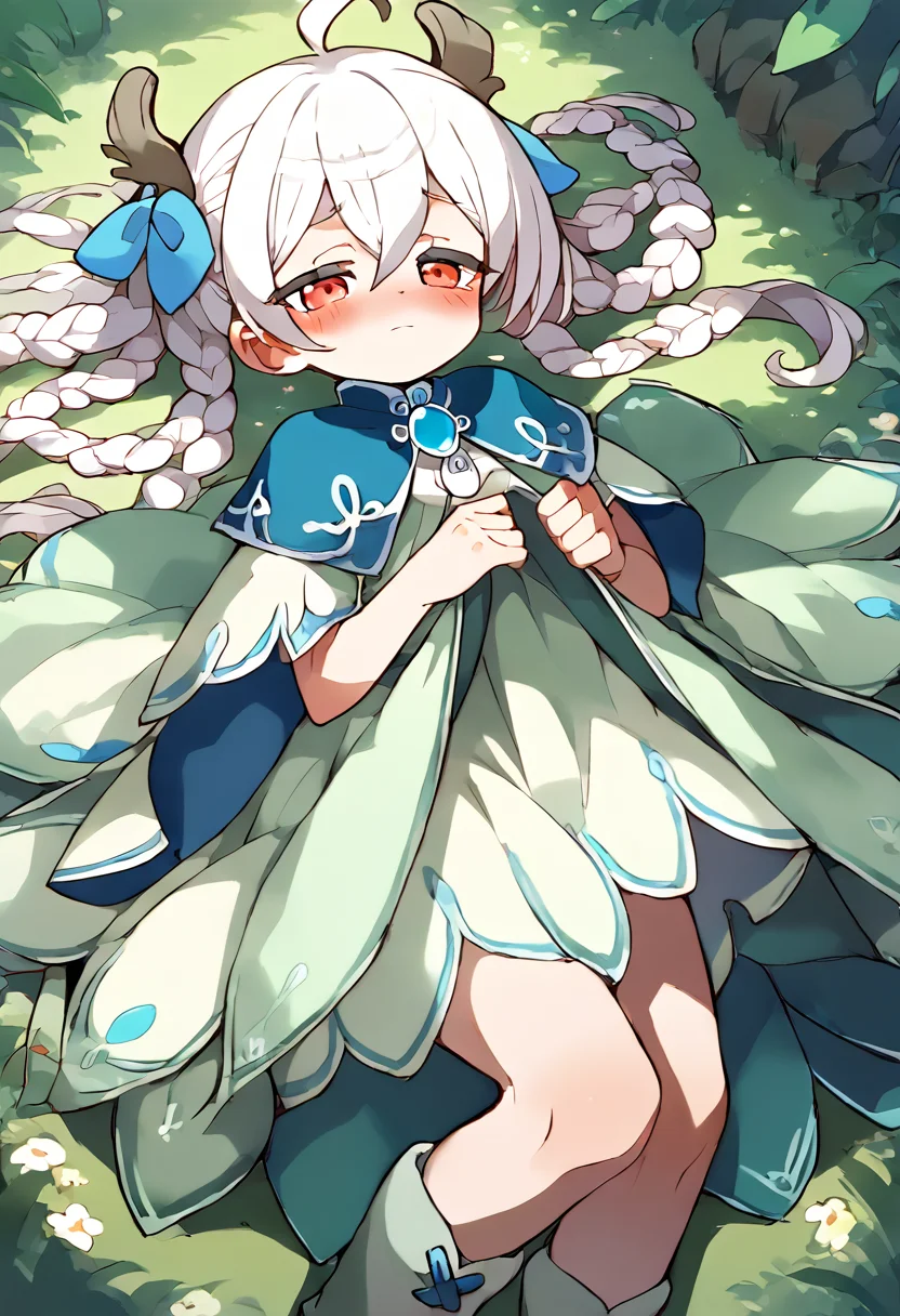 score_9,score_8_up,score_7_up,source_anime,zPDXL3,grasslands,forest,
*//*,<lora:Lynn_v1.0:1>,lynn,white hair,dress,boots,red eyes,
*//*,nervous,blush,half-closed eyes,lying,on back,(half undress,undressing:1.2),cowboy shot,dutch angle,