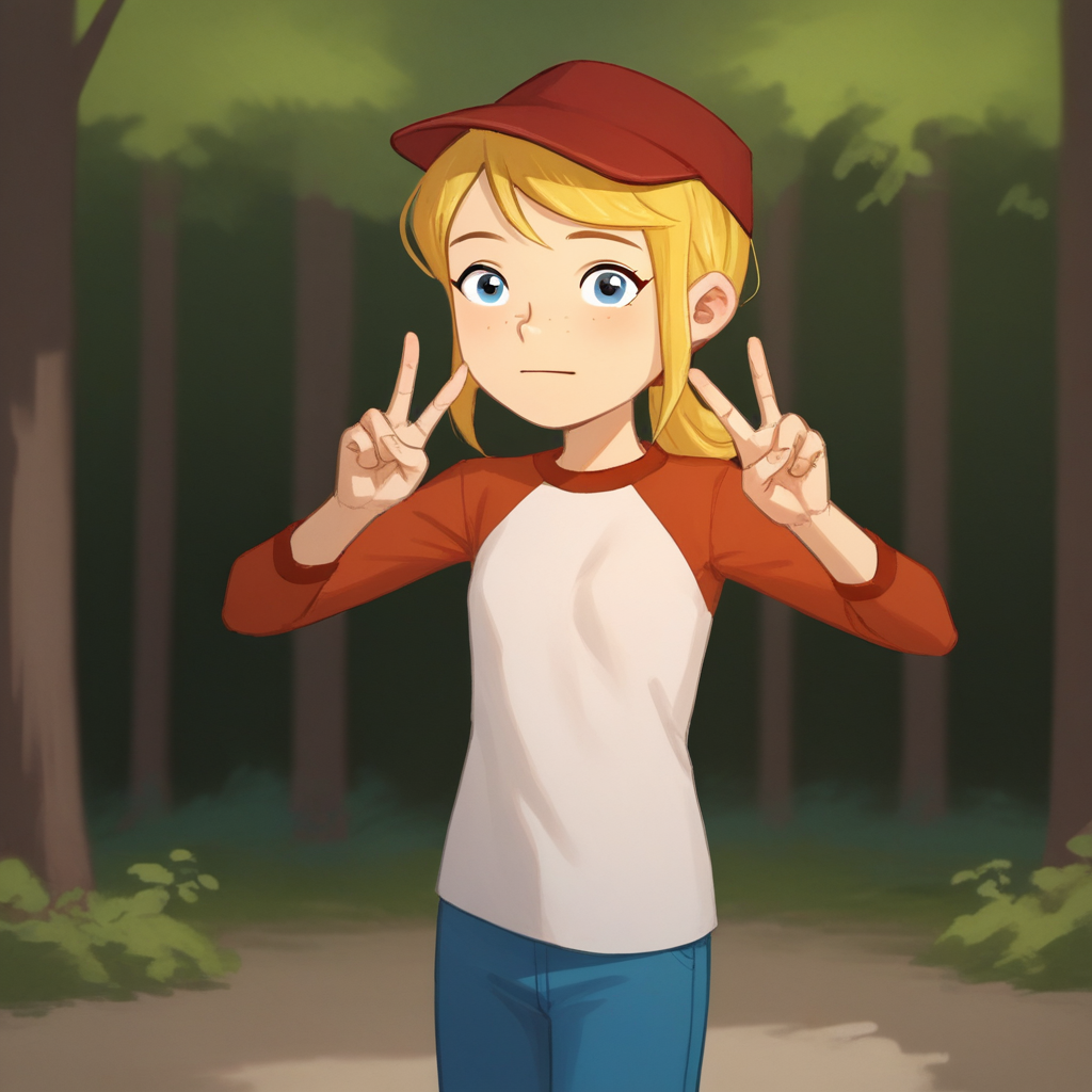 score_9_up, score_8_up, BREAK, Lottie, 1girl, solo, blonde hair, short ponytail, blue eyes, red hat, raglan shirt, red long sleeves, blue pants, cowboy shot,  double v,  <lora:Lottie_LexiAndLottie_PXL_Leaf1:0.8>, looking at viewer, forest,