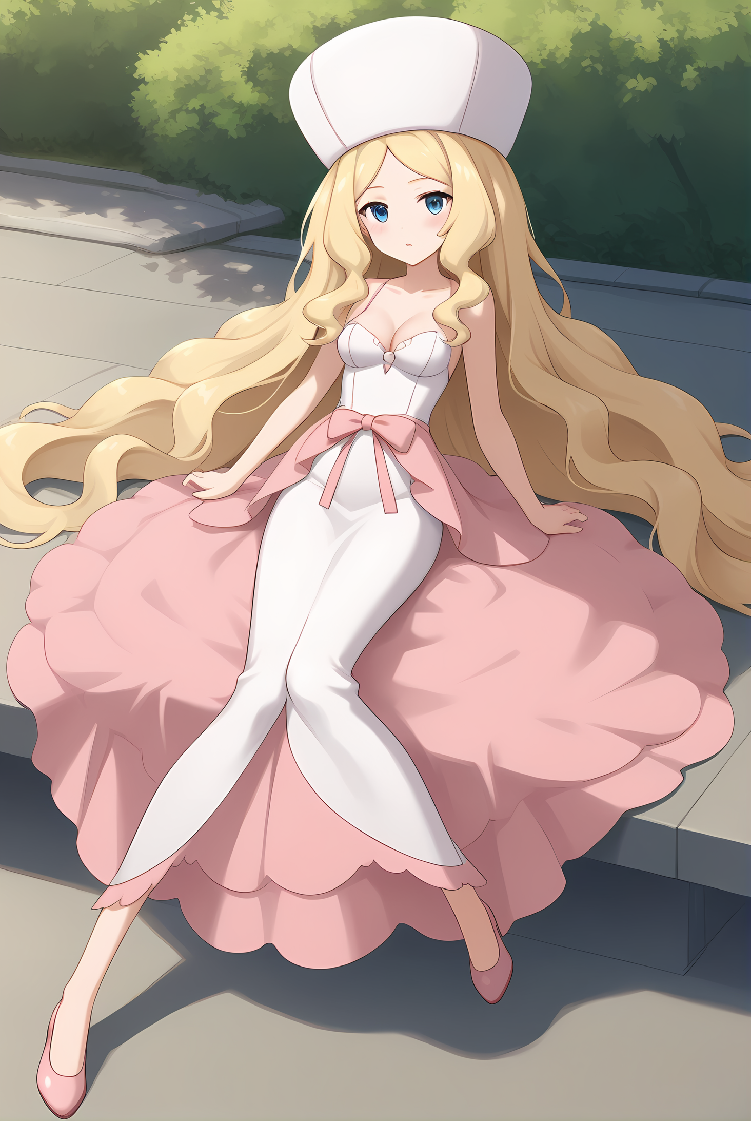 (white dress pink dress two-tone dress), pk-caitlin, pink hat, blonde hair, very long hair, blue eyes, medium breasts, 1girl, solo, skinny, score_9, score_8_up, score_8, score_7_up, score_7, score_6_up, score_6, score_5_up, score_5, source_anime, blush, night sky outdoors, (1.3::full body|0.3::sitting|0.4::standing|0.4::lying|straight-on|0.6::close-up| :1.20), , <lora:pk-caitlin-V01-000003:0.60>