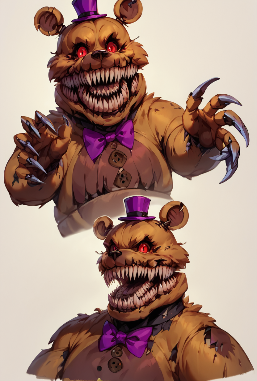 score_9, score_8_up, score_7_up,,  good quality ,, character focus, solo, , best quality , detailed background,  <lora:fredmare-04:1> fredmare, purple top hat, , teeth, no humans, purple bowtie, sharp teeth, claws, red eyes, bear, mini hat, , simple  <lora:concept:1> conceptart, multiple views, white background, simple background